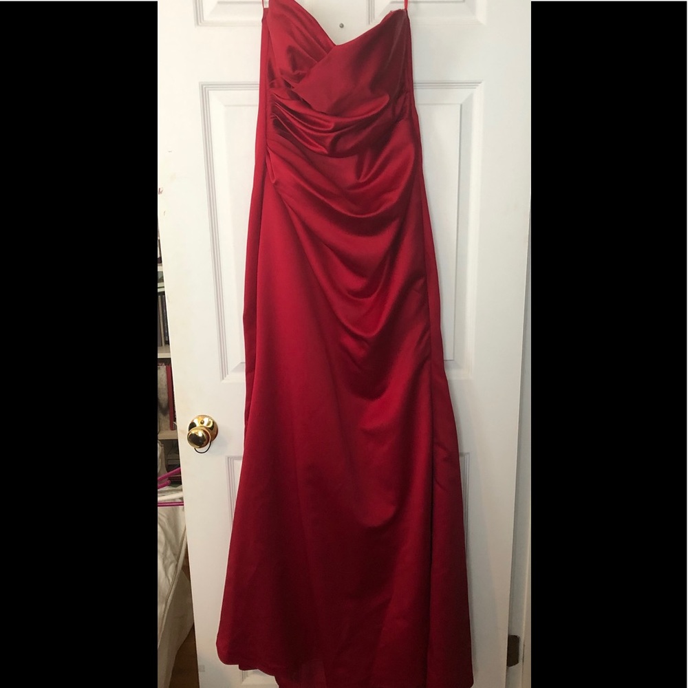 Red satin strapless dress